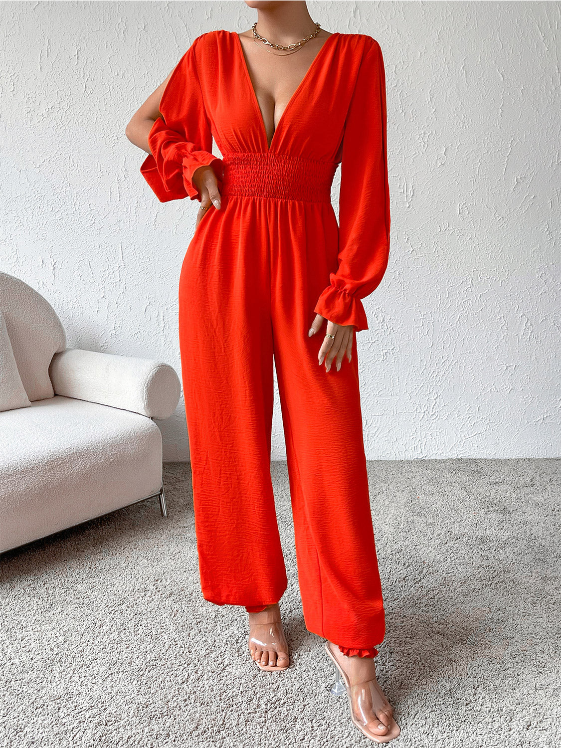 Plunge Smocked Flounce Sleeve Jumpsuit - LACEDUPED