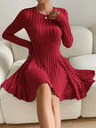 Woman wearing Ribbed Round Neck Long Sleeve Dress in red, featuring a slightly stretchy material with ribbed texture, perfect for casual wear.