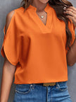 Notched Cold Shoulder Half Sleeve Blouse - LACEDUPED