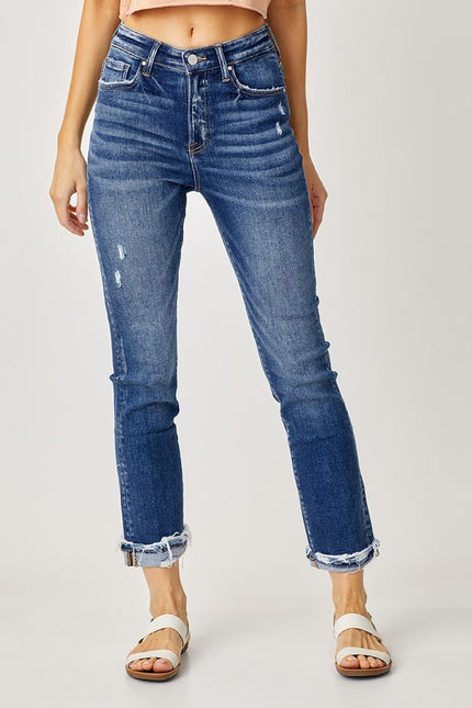 Risen Full Size High-Rise Frayed Cuffed Straight Jeans - LACEDUPED