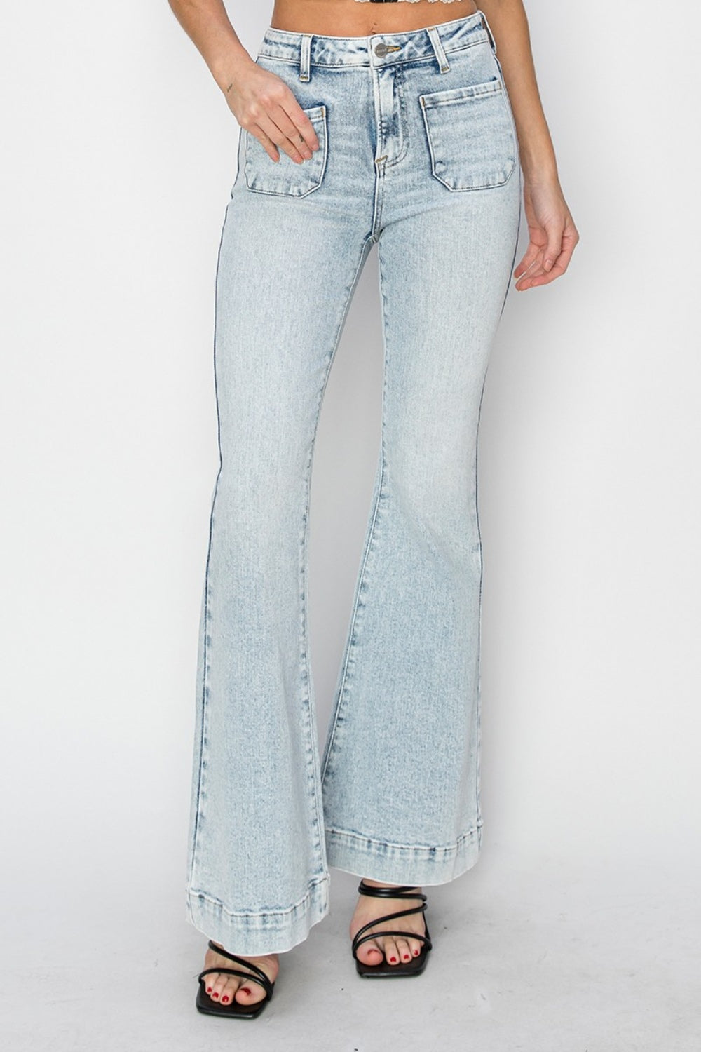 Risen Full Size High Rise Front Patch Pocket Flare Jeans - LACEDUPED