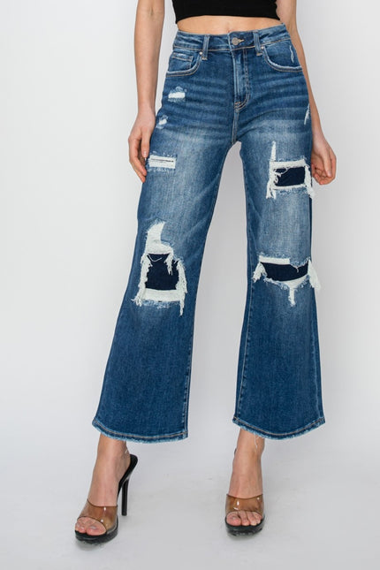 Risen Full Size High Rise Patch Detailed Wide Leg Crop Jeans - LACEDUPED