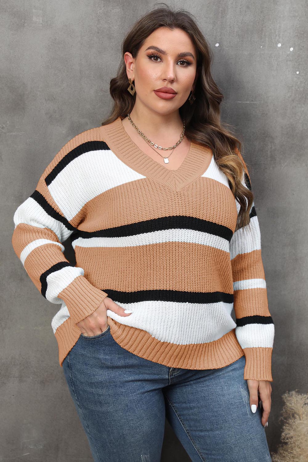 Plus Size Striped V-Neck Dropped Shoulder Sweater