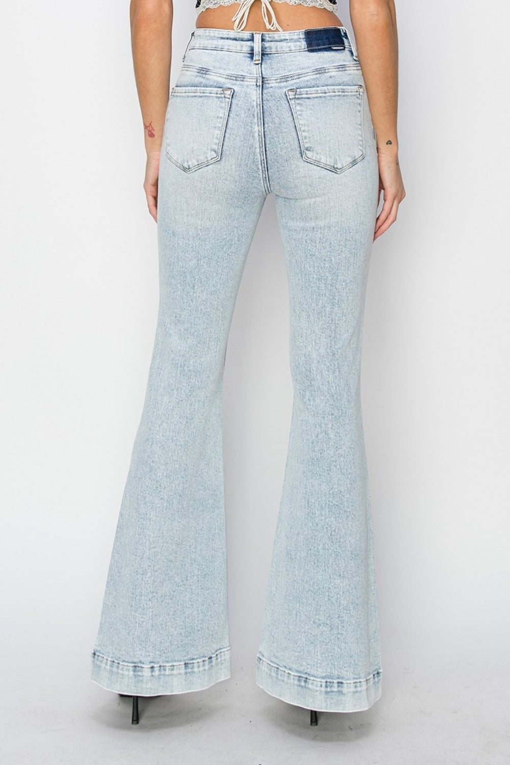 Risen Full Size High Rise Front Patch Pocket Flare Jeans - LACEDUPED