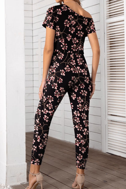 Asymmetrical Neck Short Sleeve Jumpsuit - LACEDUPED