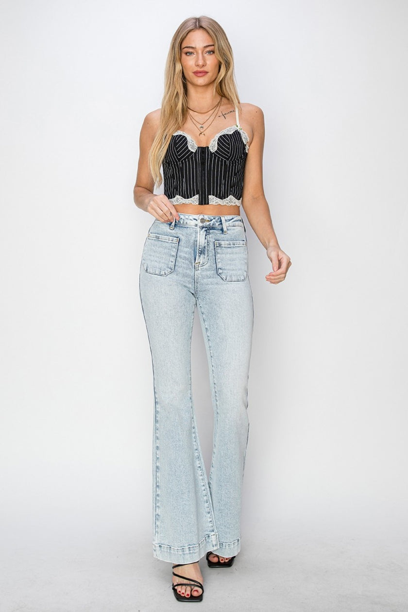 Risen Full Size High Rise Front Patch Pocket Flare Jeans - LACEDUPED