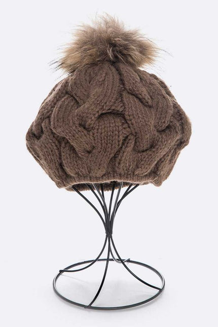 EMMEZ Cable Knit Natural Raccoon Fur Pom Beret