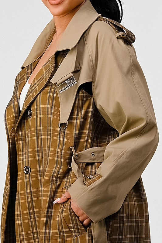 ATHINA PLAID AND KHAKI CONTRAST TRENCH COAT