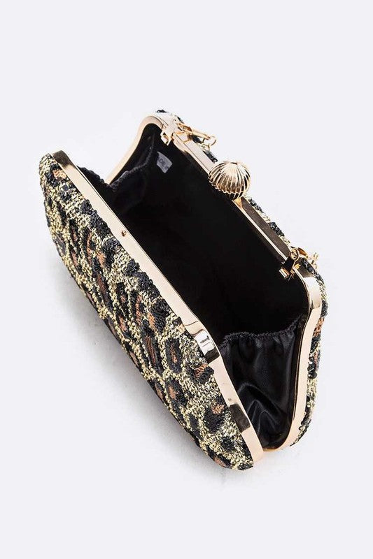 Leopard Print Sequins Convertible Box Clutch