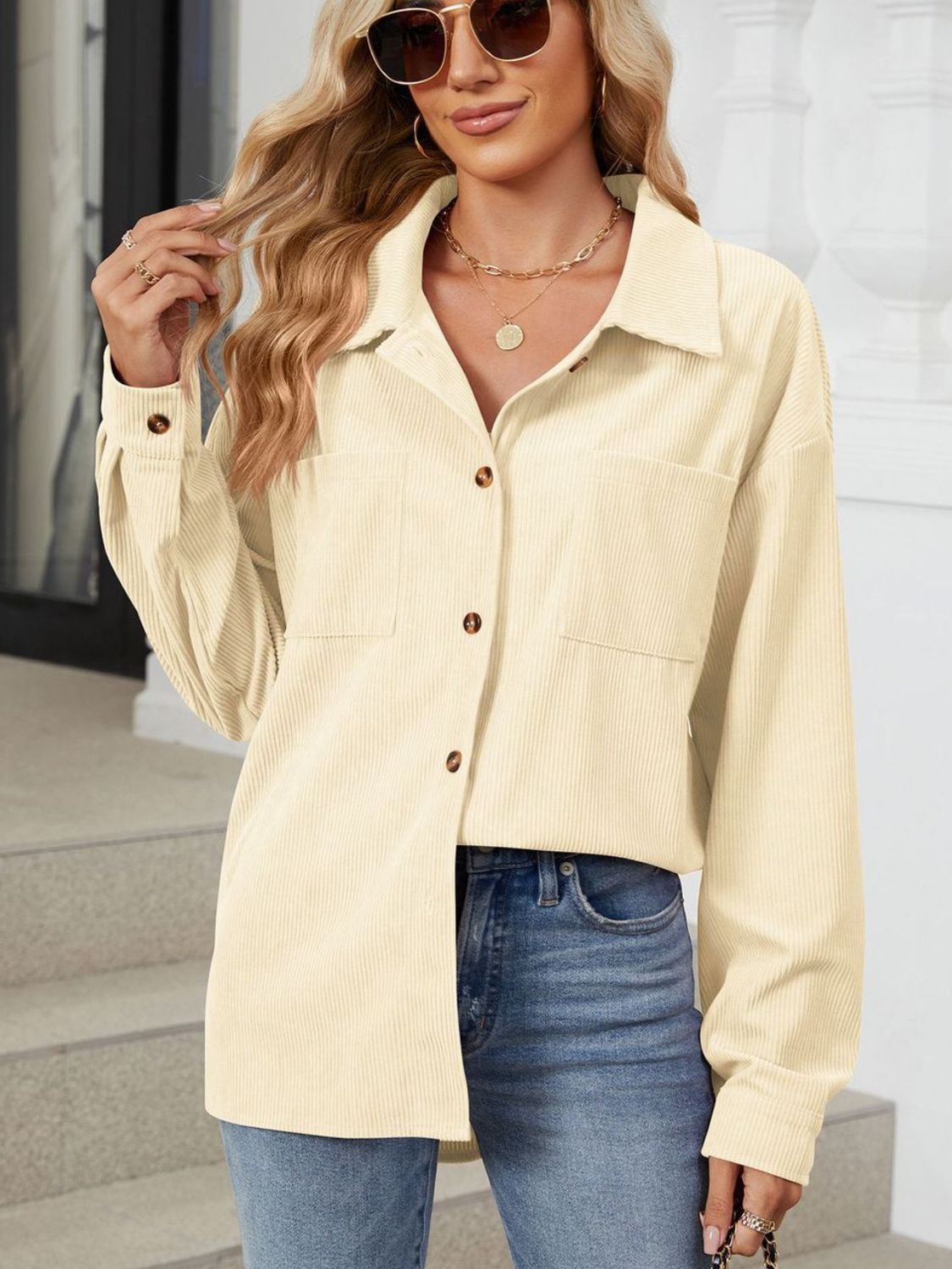 Button Up Dropped Shoulder Long Sleeve Outerwear - LACEDUPED