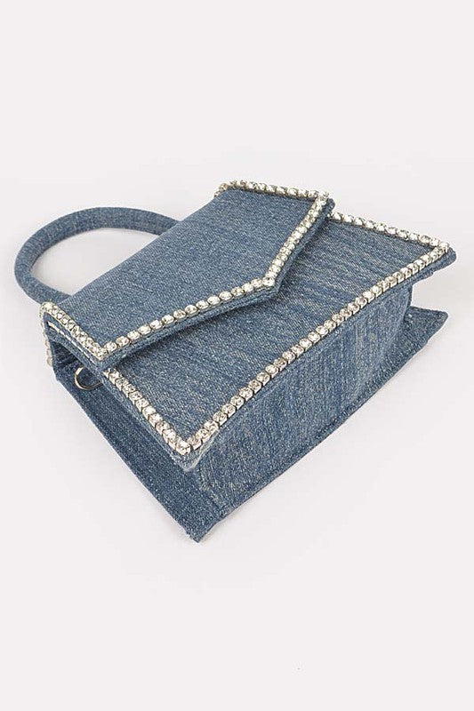 Rhinestone Accent Denim Top Handle Clutch Bag