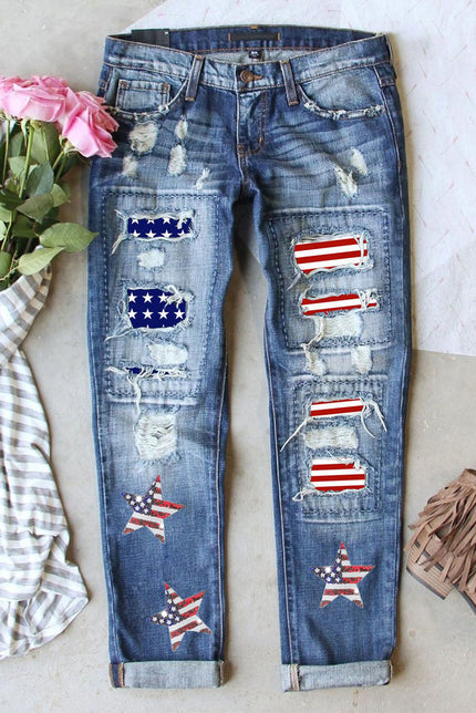 US Flag Mid-Rise Waist Straight Jeans - LACEDUPED