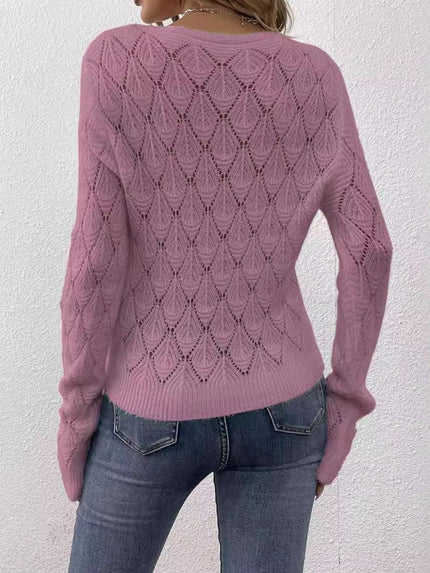 Openwork V-Neck Long Sleeve Sweater - LACEDUPED