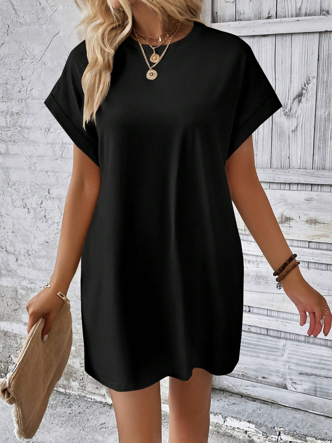 Round Neck Short Sleeve Mini Dress - LACEDUPED