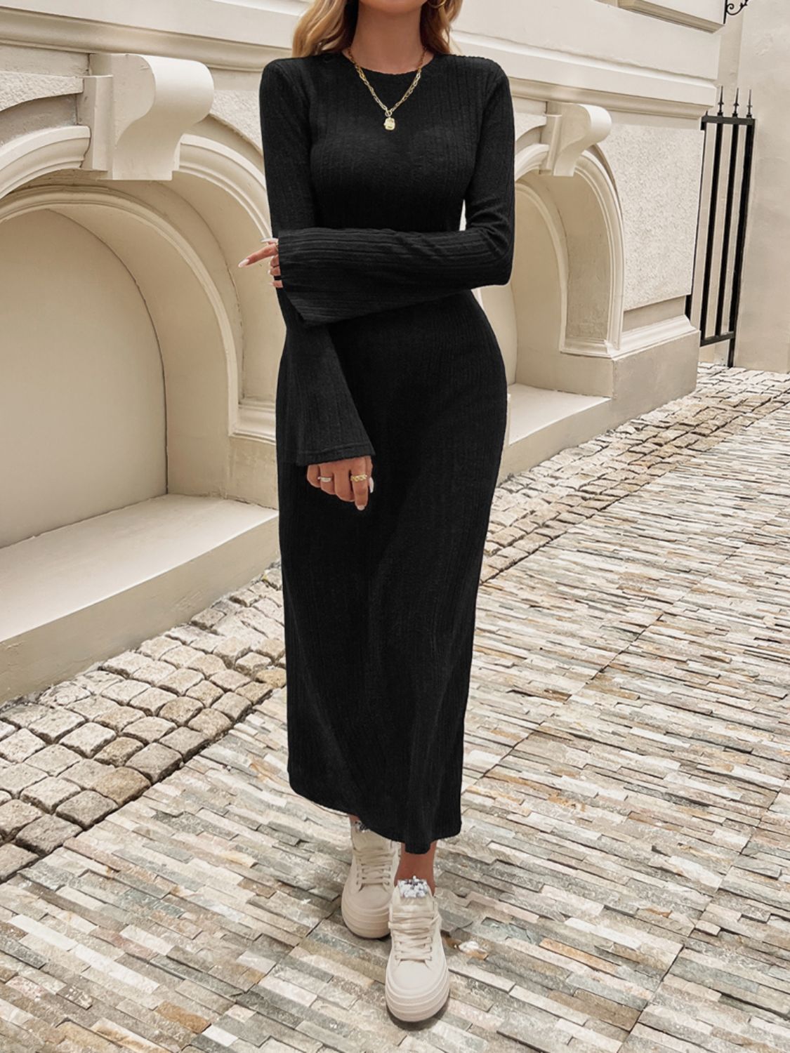 Devine Tied Round Neck Long Sleeve Midi Dress