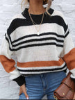 Contrast Striped Round Neck Long Sleeve Sweater - LACEDUPED