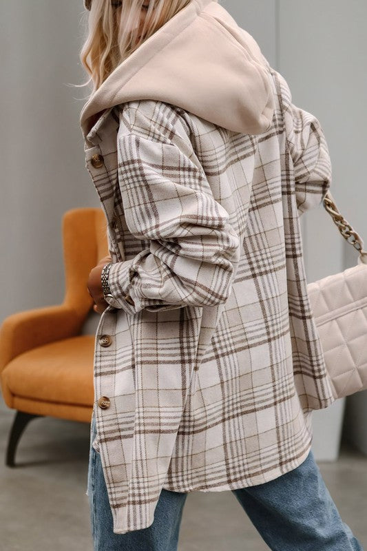 Plaid Removable Hood Buttoned Shacket