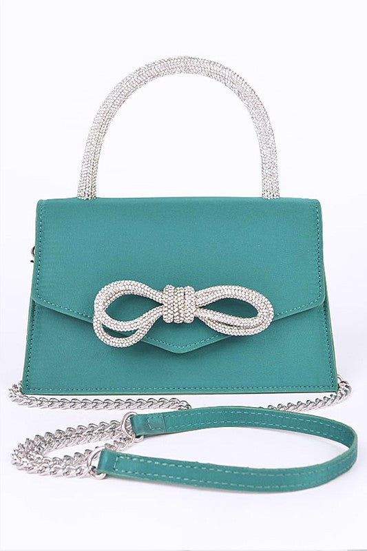 Rhinestone Bow Accent Top Handle Swing Clutch Bag