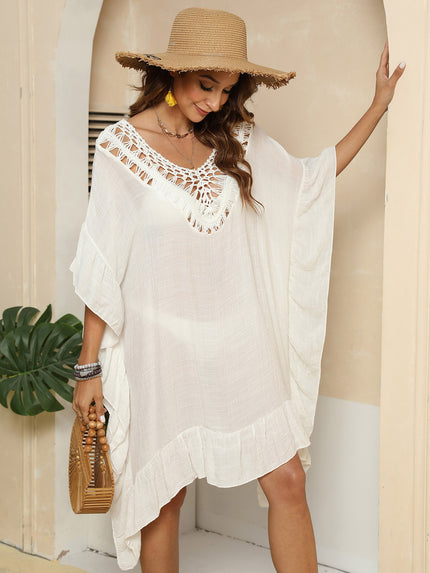 Cutout Ruffled Half Sleeve Cover-Up - LACEDUPED