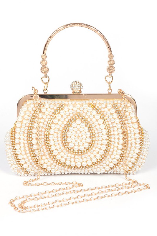 Pearl Rhinestone Beaded Top Handle Clutch Bag