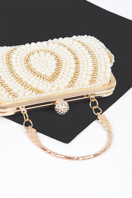 Pearl Rhinestone Beaded Top Handle Clutch Bag