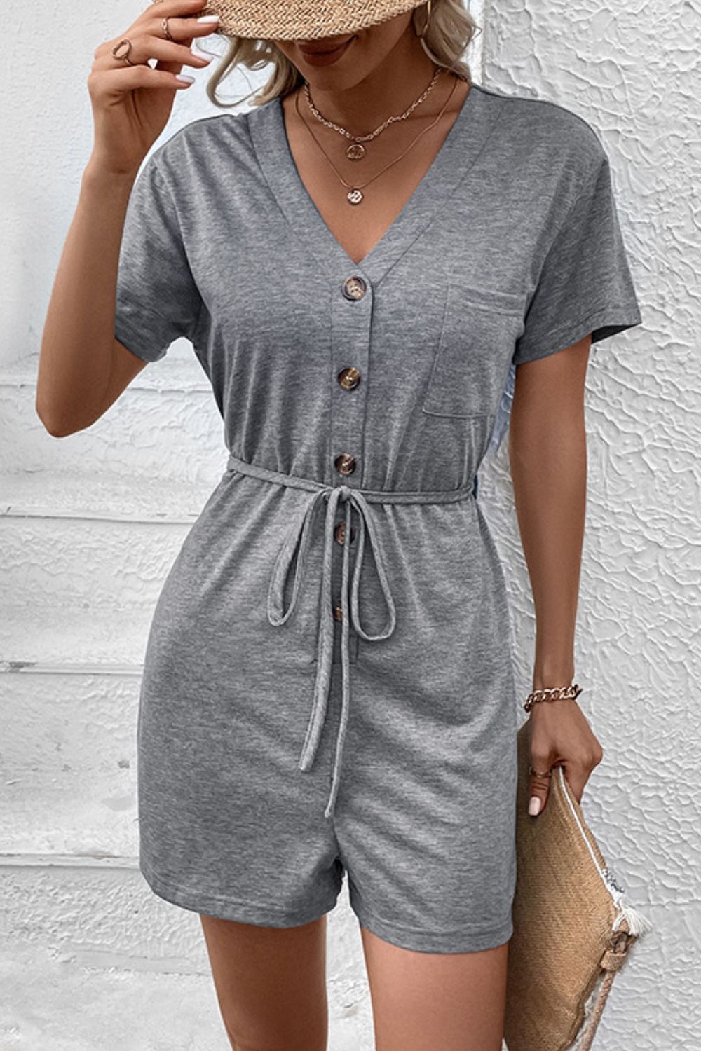 V-Neck Short Sleeve Tied Romper - LACEDUPED