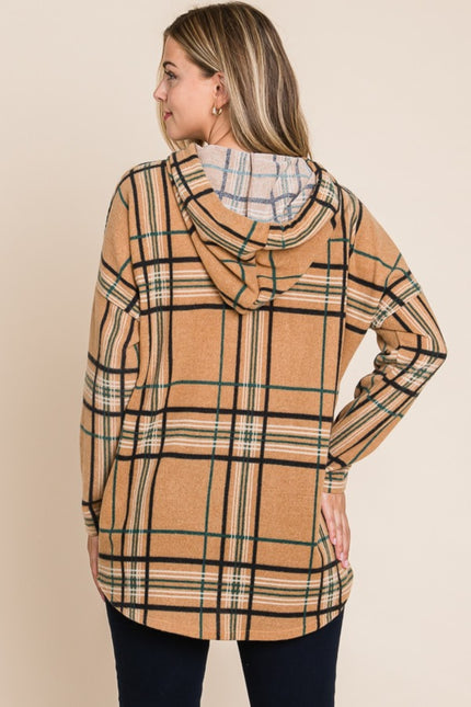 BOMBOM Drawstring Plaid Long Sleeve Hoodie - LACEDUPED