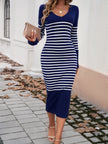 Devine Striped V-Neck Long Sleeve Sweater Dress