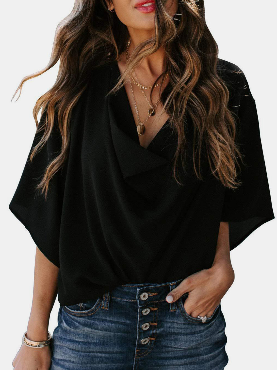 Full Size Cowl Neck Three-Quarter Sleeve Blouse - LACEDUPED