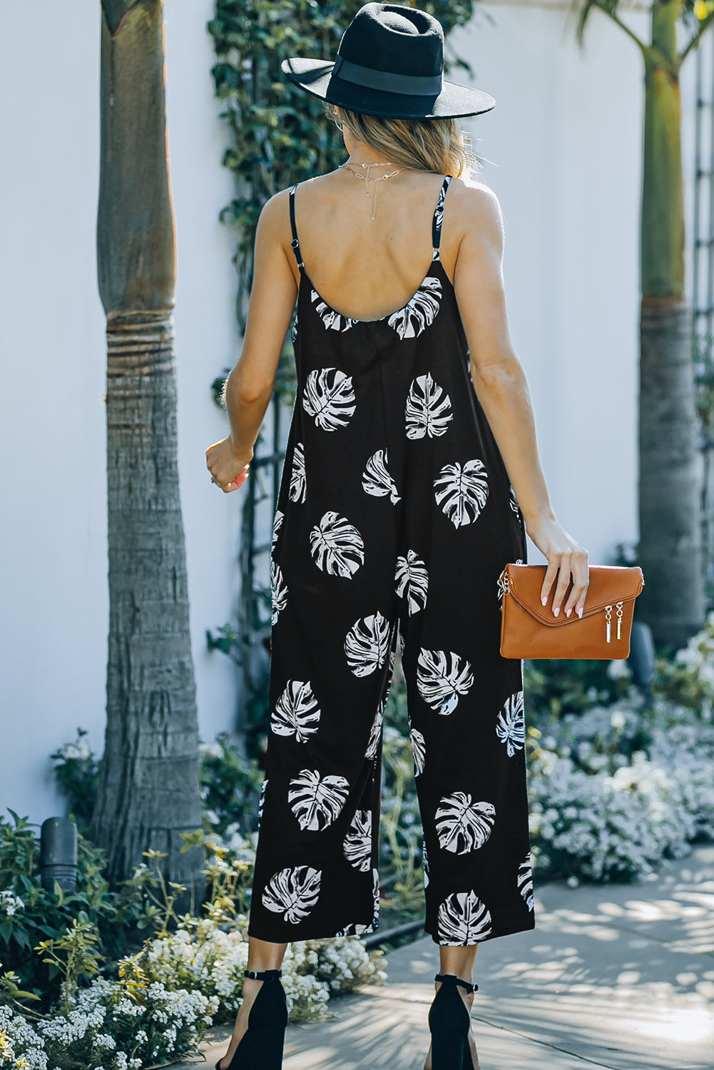 Botanical Print Spaghetti Strap Cropped Jumpsuit - LACEDUPED