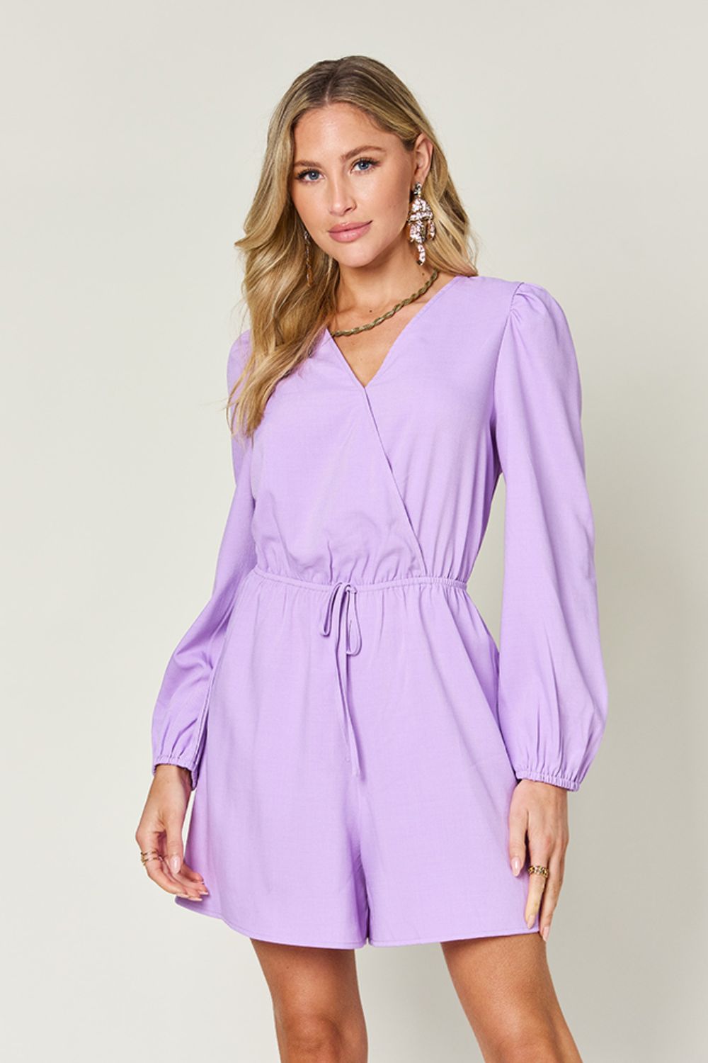 Double Take Full Size Drawstring Long Sleeve Romper - LACEDUPED