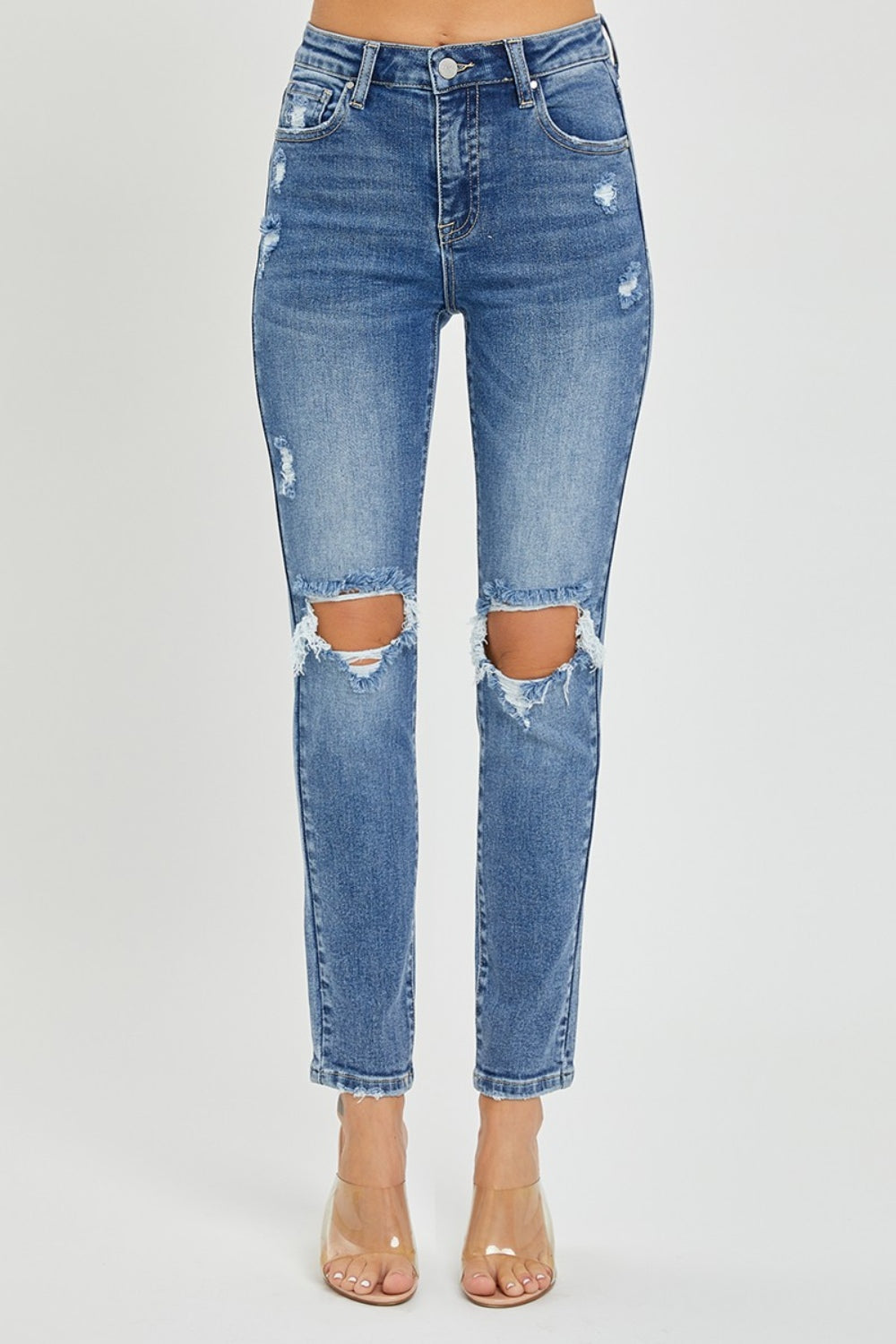 Risen Full Size High Rise Knee Distressed Skinny Jeans - LACEDUPED