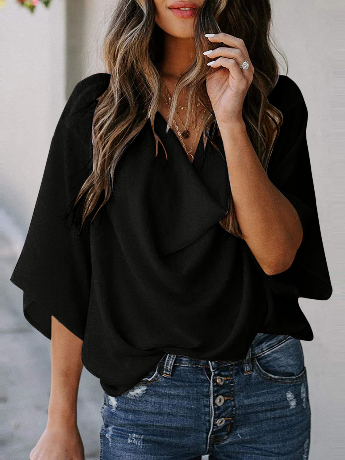 Full Size Cowl Neck Three-Quarter Sleeve Blouse - LACEDUPED