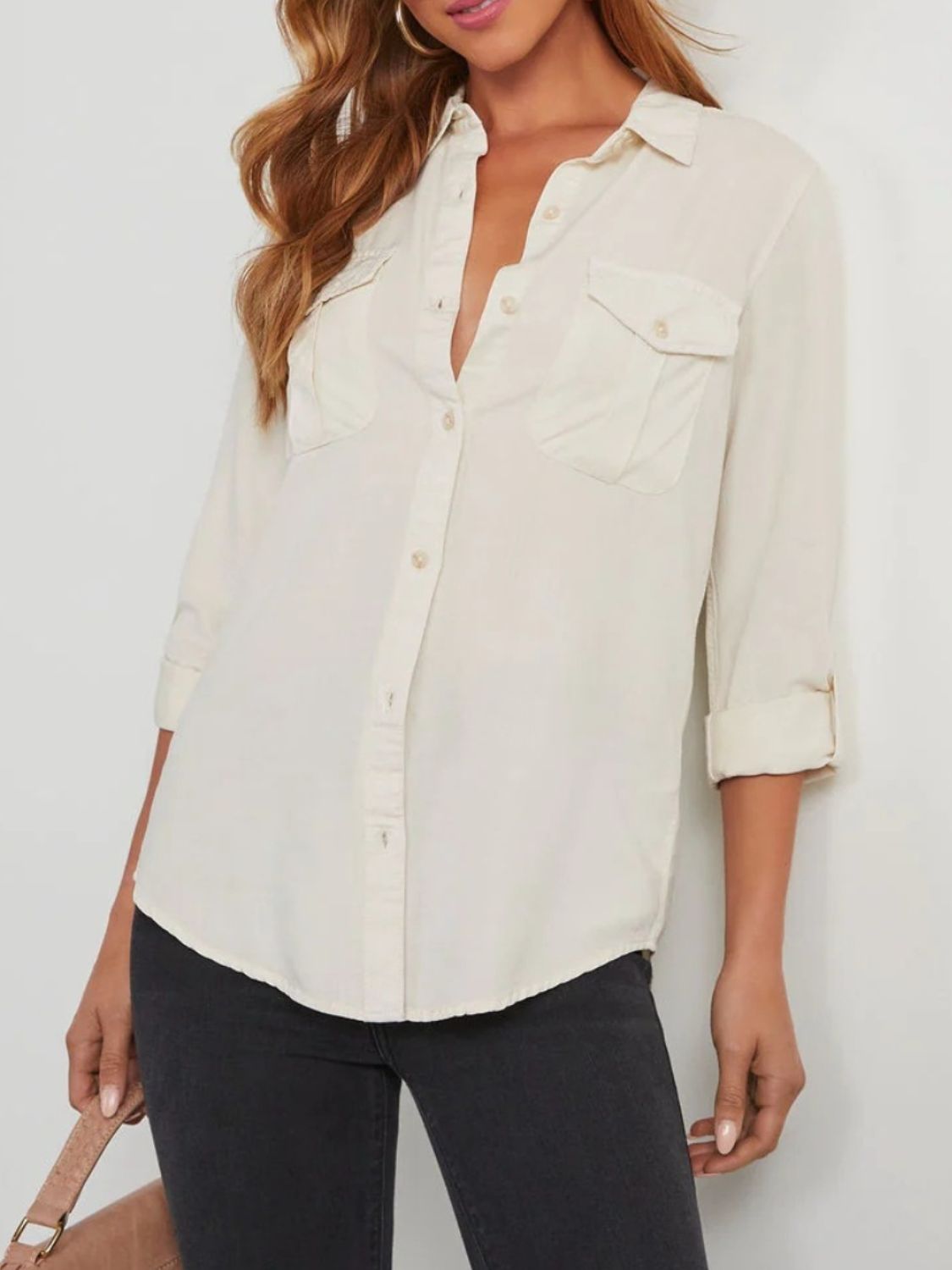 Collared Neck Roll-Tab Sleeve Denim Top - LACEDUPED