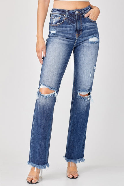 Risen Full Size Raw Hem Distressed Straight Jeans - LACEDUPED