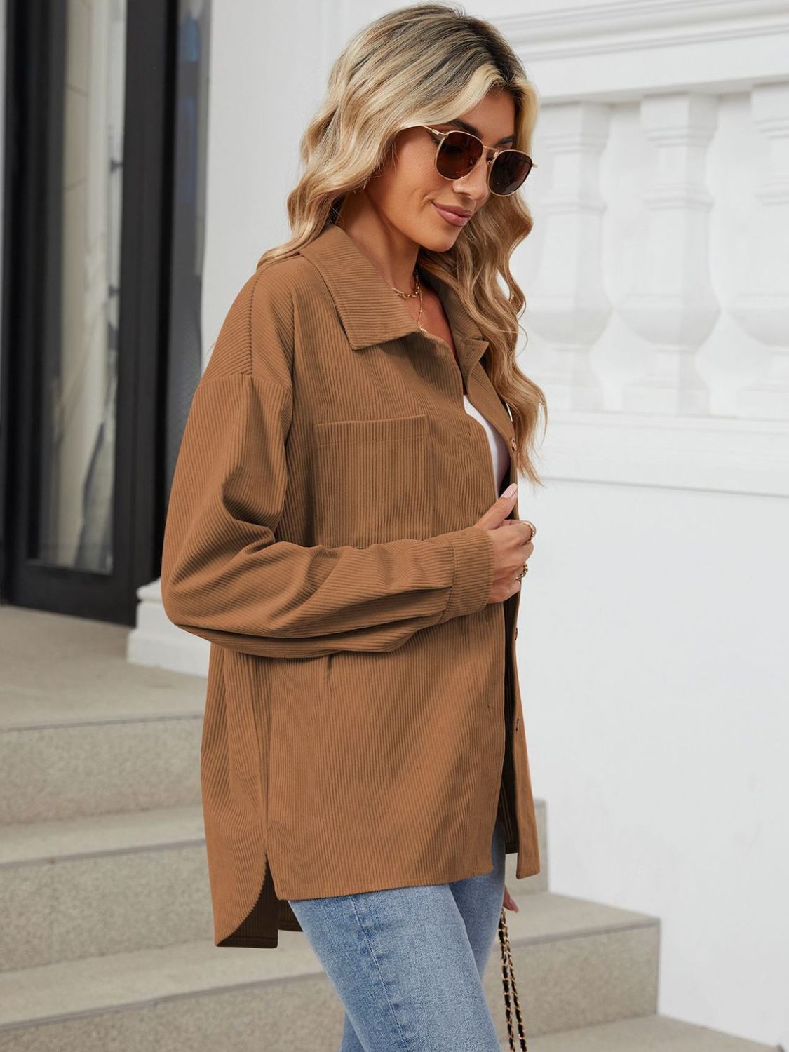 Button Up Dropped Shoulder Long Sleeve Outerwear - LACEDUPED