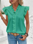 Ruffled V-Neck Cap Sleeve Blouse - LACEDUPED