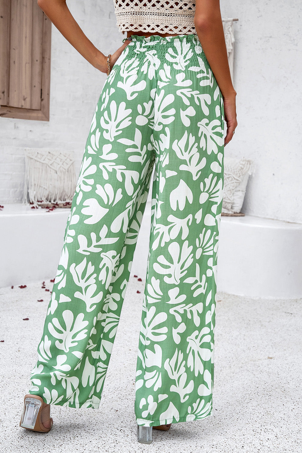 Smocked Printed Wide Leg Pants with Pockets - LACEDUPED