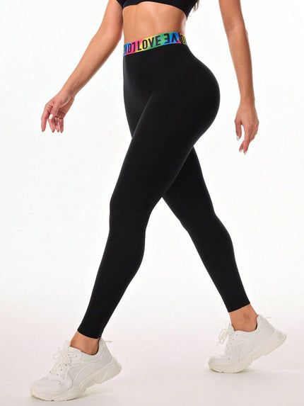 Letter Printed High Waist Active Leggings - LACEDUPED