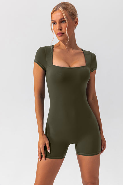 Square Neck Cap Sleeve Active Romper - LACEDUPED