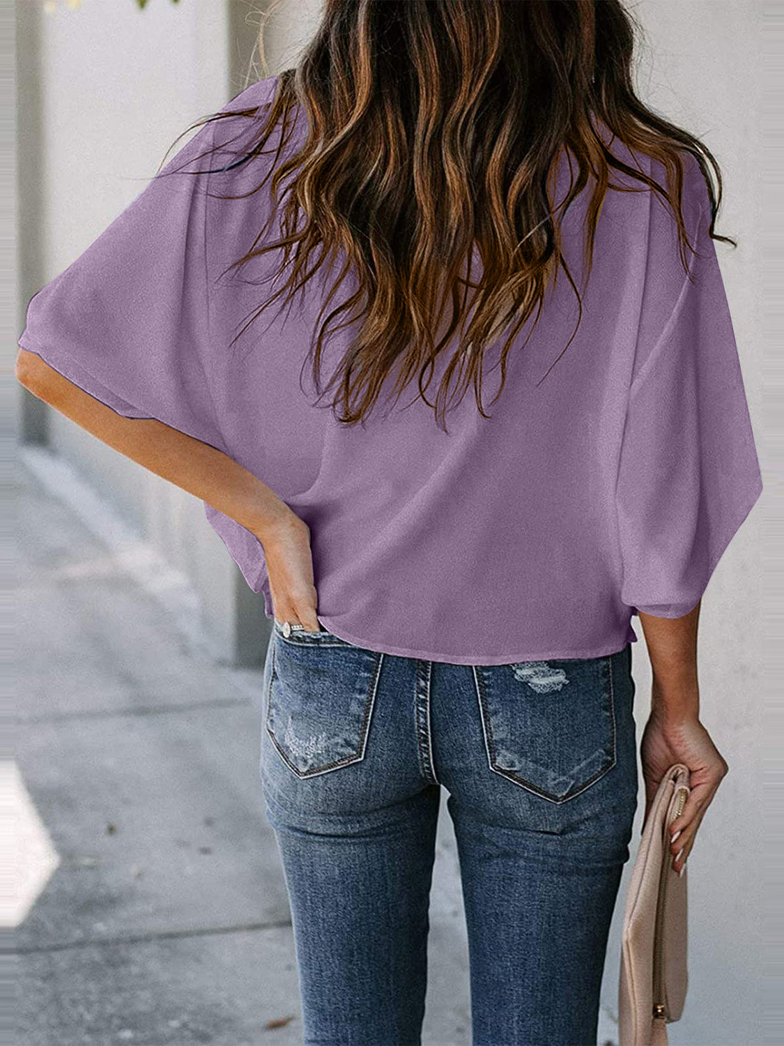 Full Size Cowl Neck Three-Quarter Sleeve Blouse - LACEDUPED