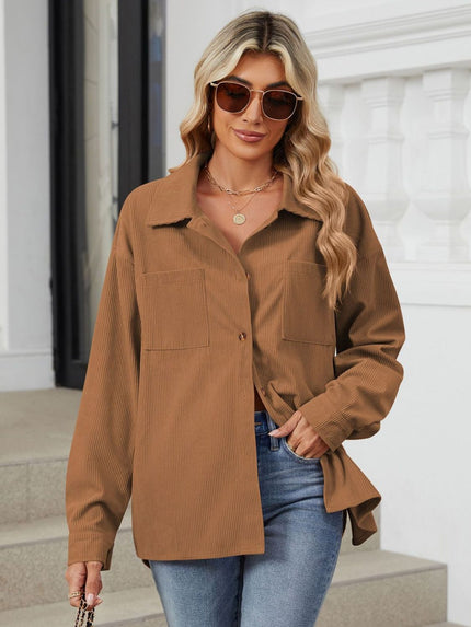 Button Up Dropped Shoulder Long Sleeve Outerwear - LACEDUPED