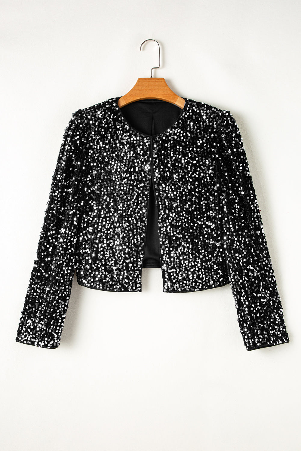 Sequin Open Front Long Sleeve Jacket - LACEDUPED