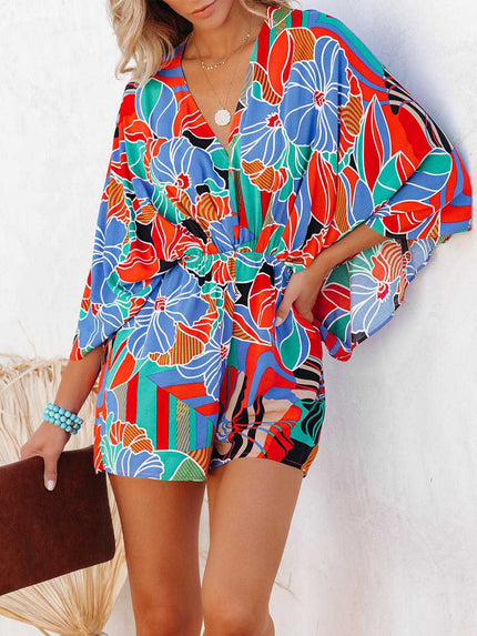 Tied Printed Kimono Sleeve Romper - LACEDUPED