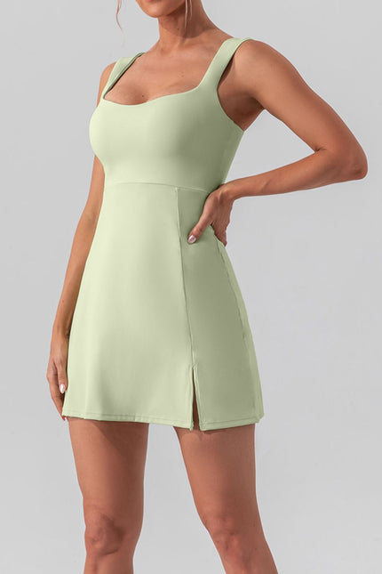 Square Neck Sleeveless Slit Mini Active Dress - LACEDUPED