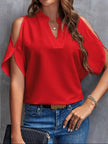 Notched Cold Shoulder Half Sleeve Blouse - LACEDUPED