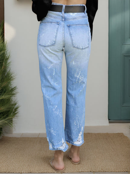 Distressed Straight Jeans with Pockets - LACEDUPED
