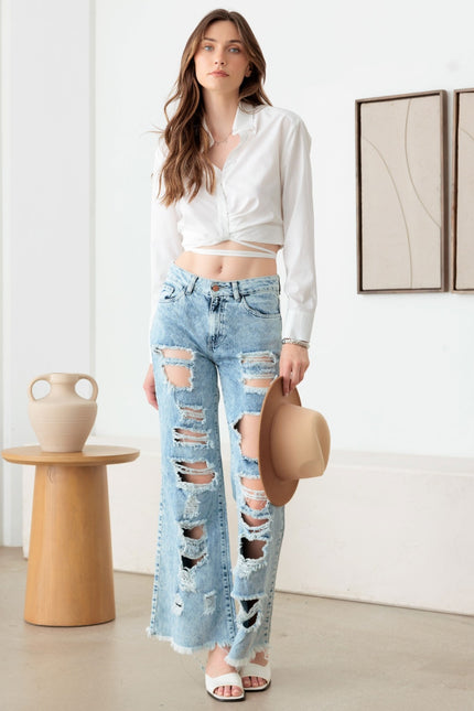 Litz La Distressed Frayed Hem Flare Jeans - LACEDUPED