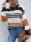 Contrast Striped Round Neck Long Sleeve Sweater - LACEDUPED