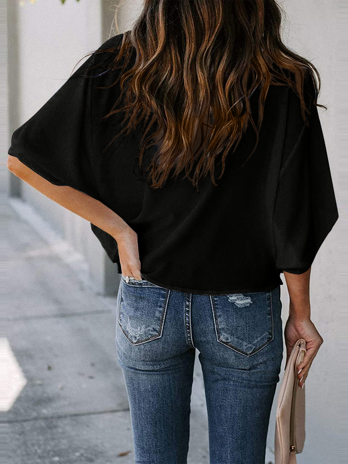 Full Size Cowl Neck Three-Quarter Sleeve Blouse - LACEDUPED